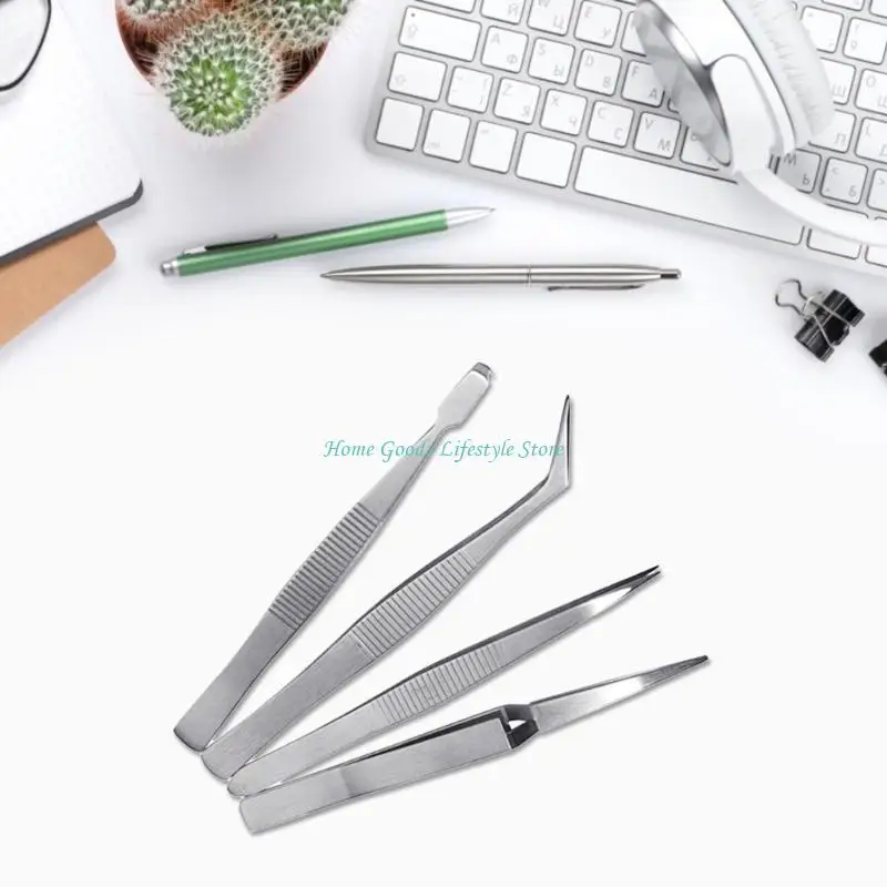 

E74E 4pcs Tweezers Stainless Steel Fine Tipped Tweezers Multipurpose Straight Curved Non-Slip Locking Tweezers Set