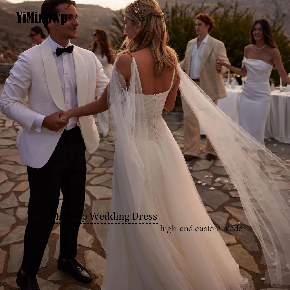 فساتين زفاف من التل على الشاطئ مخصصة على شكل حرف a على شكل قلب أشرطة سباغيتي بوهو فستان العروس لثنيات الزفاف فيستدوس دي نوفيا