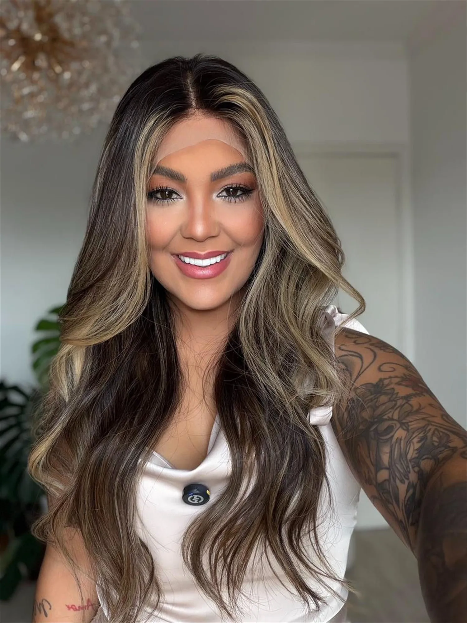 Balayage Hair Dark Brown Ombre 13*4 New In Syntehtic Heat Resistant Wig Long 26 Inch Body Wave Realistic Look Natural Hairline