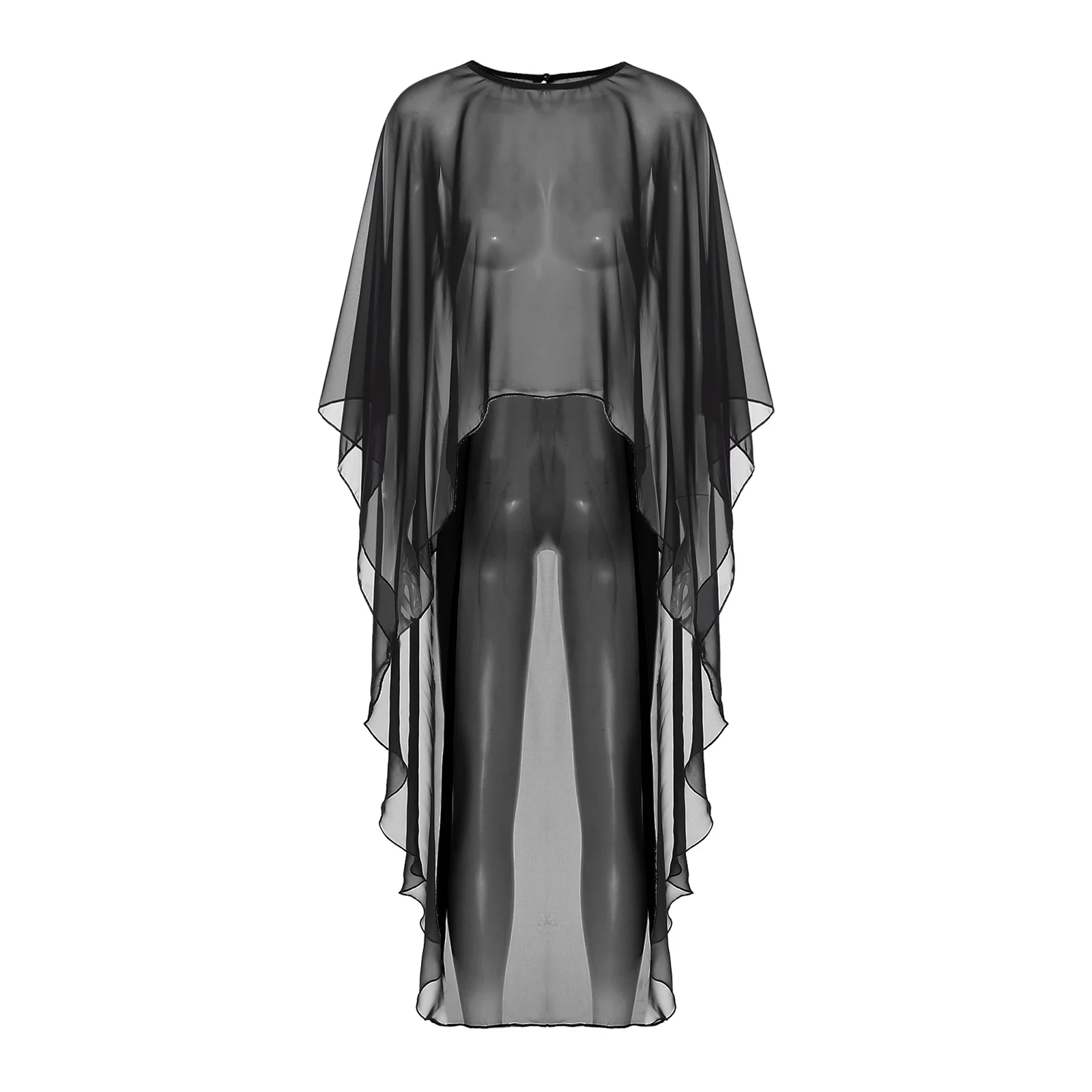 Women\'s Chiffon Shrug Sheer Cardigans Cover-Ups Round Neck Batwing Sleeve See-Through High Low Hem Shawl Tops Beachwear Coat