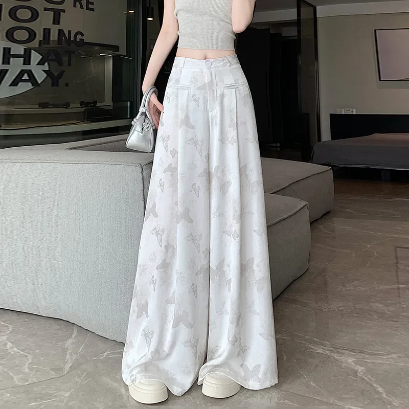 

Spring Summer New Fashion Satin finish Wide-leg Pants Female Vintage Jacquard Trousers High Waist Ladies Straight Pants T1296