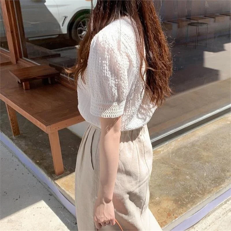 Été nouveau Chic femmes bulle Sve haut dentelle évider plié blanc irt doux Sle V Ne t-shirt fibre d'acétate 00%