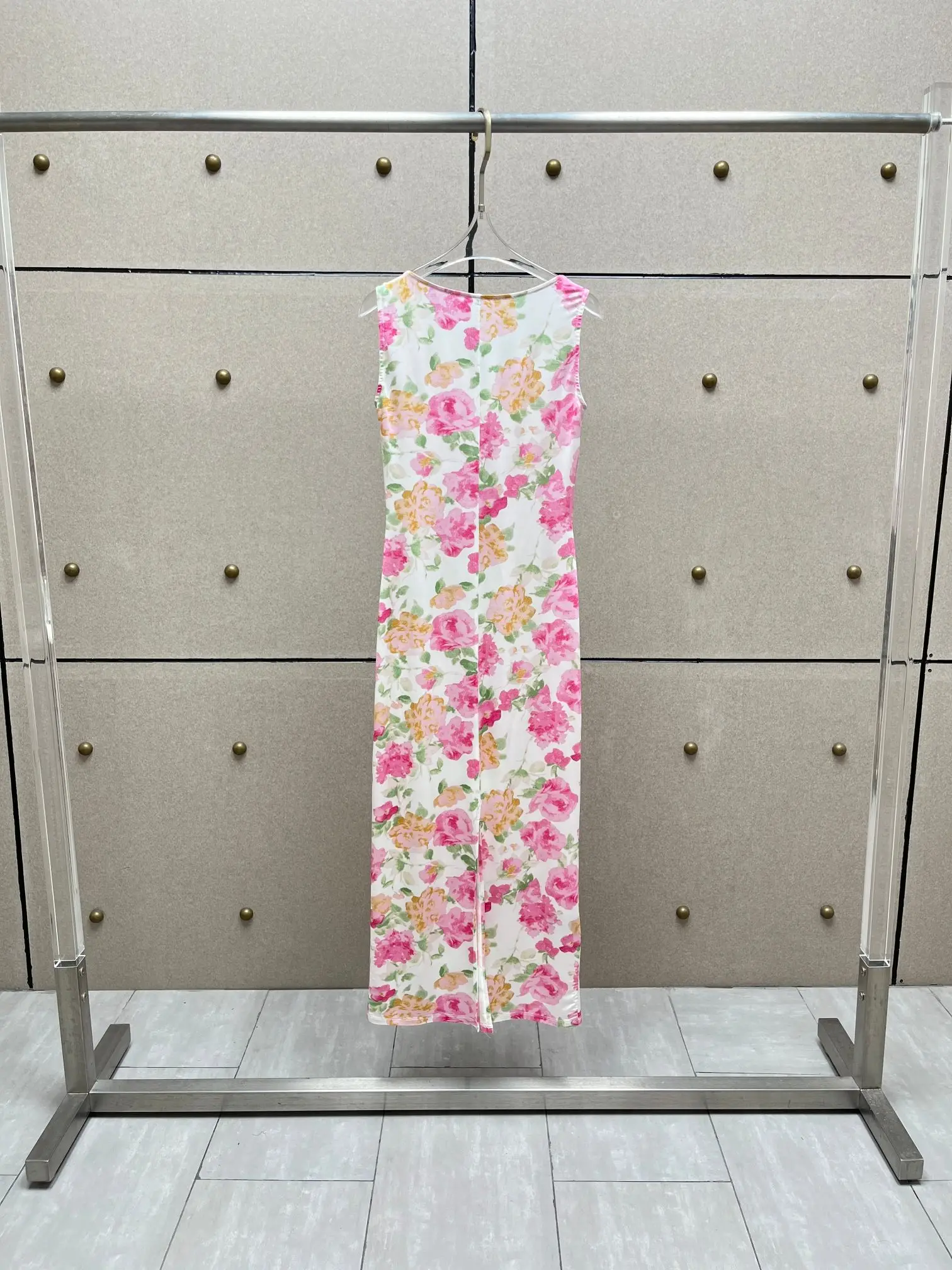 2025 Summer Women's Floral Sleeveless Maxi Dress - Elegant A-Line Pink Flower Design, Lightweight Stretch Fabric, Casual & Party