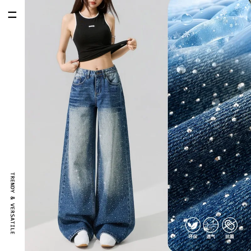 

Women's Korean Style Low Waist Loose Rhinestone Jeans 2026 Summer New Dark Wash Casual Streetwear Denim Pants