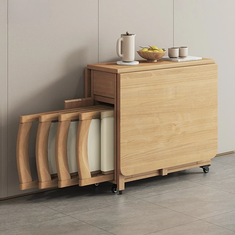 A set of solid wood folding dining table chairs for small household use multi-functional movable dining table