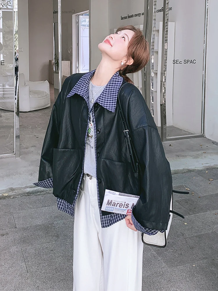 

Plaid Color Block Short PU Leather Jacket Women's Spring Autumn Casual Versatile Leather Coat Commute Style Regular Sleeve