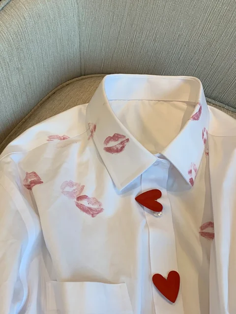 Francuski styl Bluzka z kołnierzykiem Wiosna Nadruk Serce Guzik Biały Długi rękaw Blusas Harajuku Unisex Luźna koszula damska