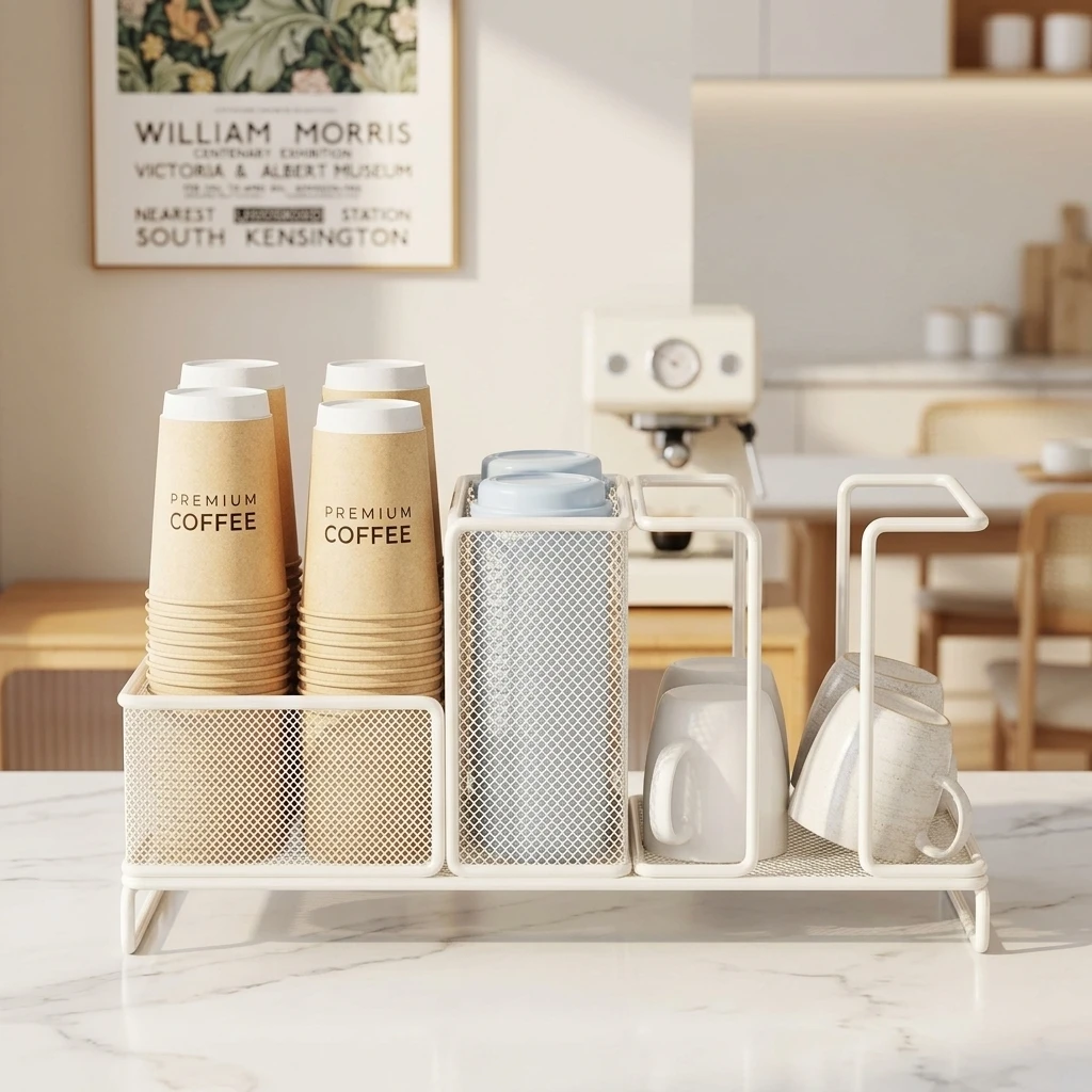 Kitchen Countertop Cup Dispenser Holder Hollow Grid Coffee Mug Organizer Rack Anti Slip Base for Office Breakroom Storage