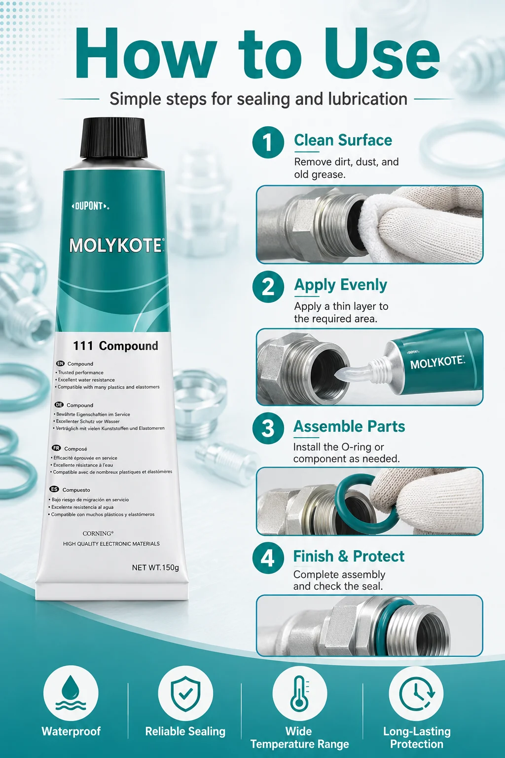 Original Molykote 111 Silikonfett Wasserdichtes Dichtmittel für O-Ringe Ventilschmiermittel 50g 150g – Detail 7