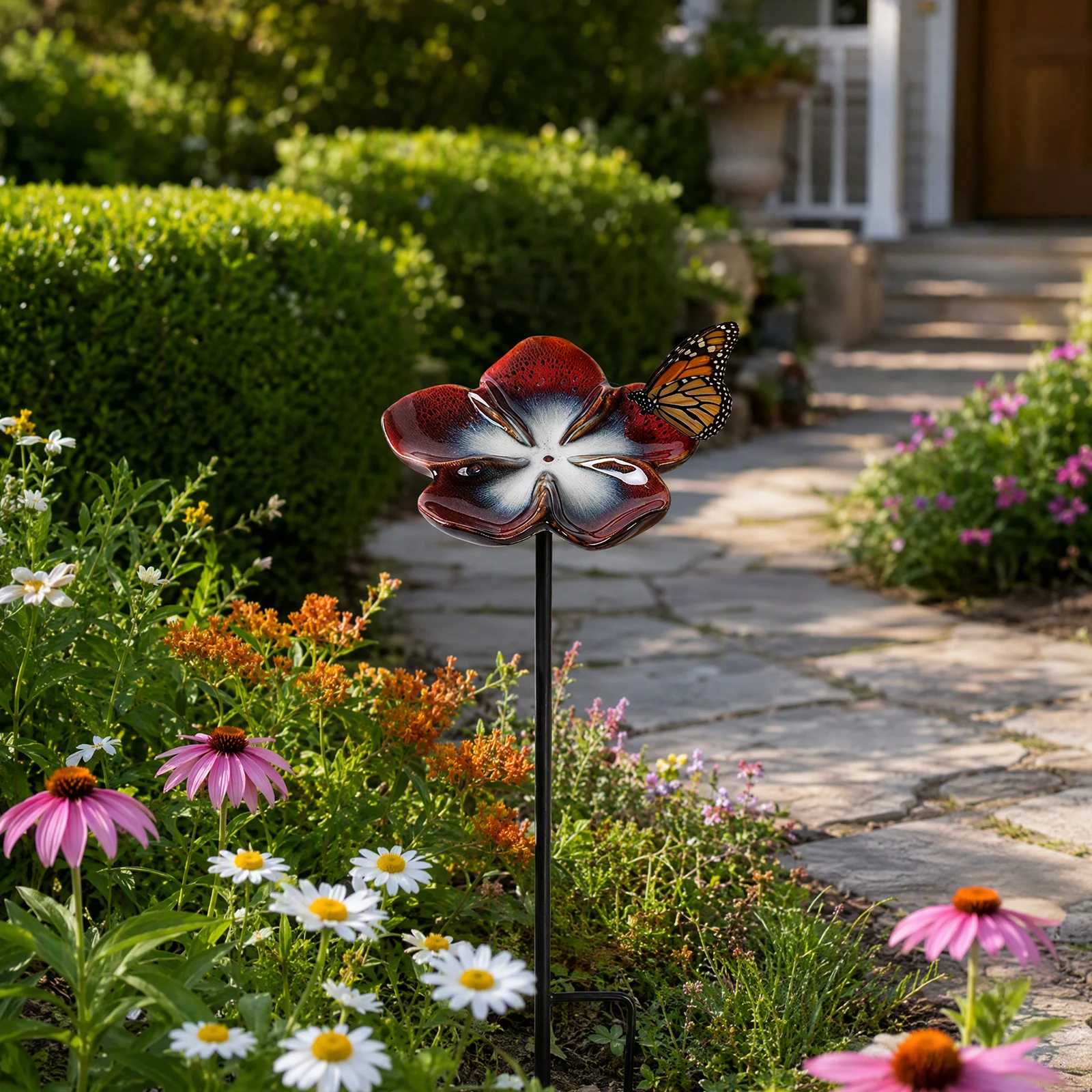 Ceramic Bee Butterfly Drinker Flower Shape Bowl Garden Stake Insect Watering Station Patio Decoration