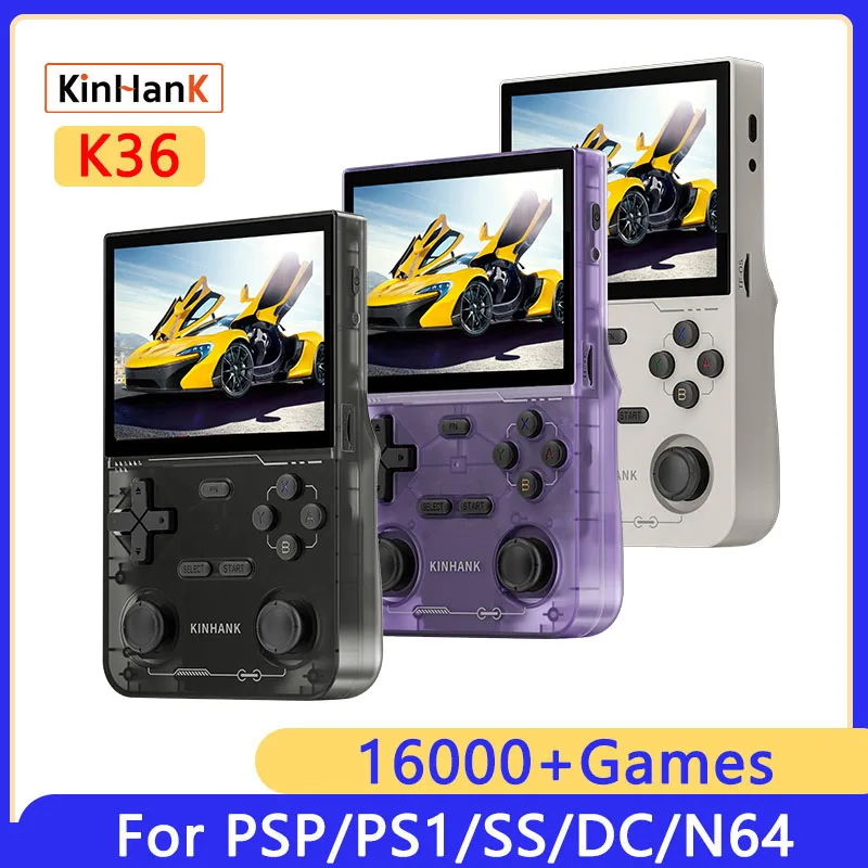 KINHANK 레트로 휴대용 비디오 게임 콘솔, PS1, PSP, DC, N64, SS용 16000 게임 에뮬레이터, 3.5 인치 IPS 화면, K36 