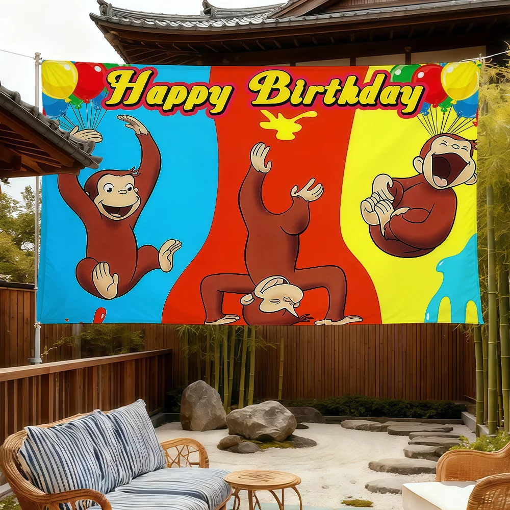Cartoon Cute C-Curious George Birthday flag For Room Dorm Camping Picnic Art Style Garage Bar wall Decoration Banner