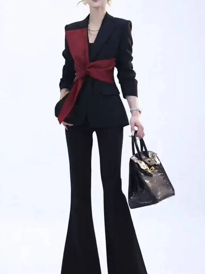

High-End Design Autumn 2025 Women's Suit And Pants Set Belted Waist Color Blo Long Pants Commute Two-Piece Set Faionable