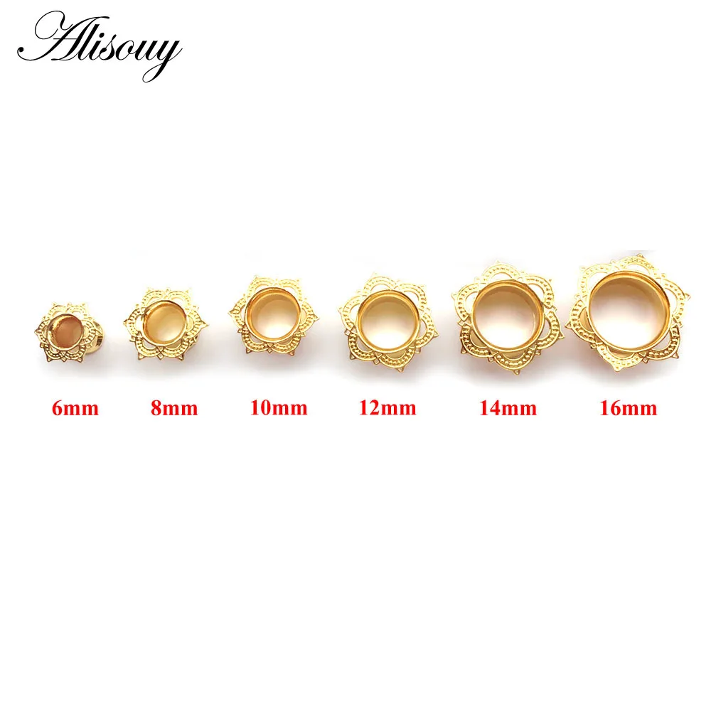 Alisouy 2 PCS Gold Color Plug & Tunnel Ear Jewelry Ornate Stainless Steel Body Piercing Jewelry Ear Expander Gauge 6 to 16 mm