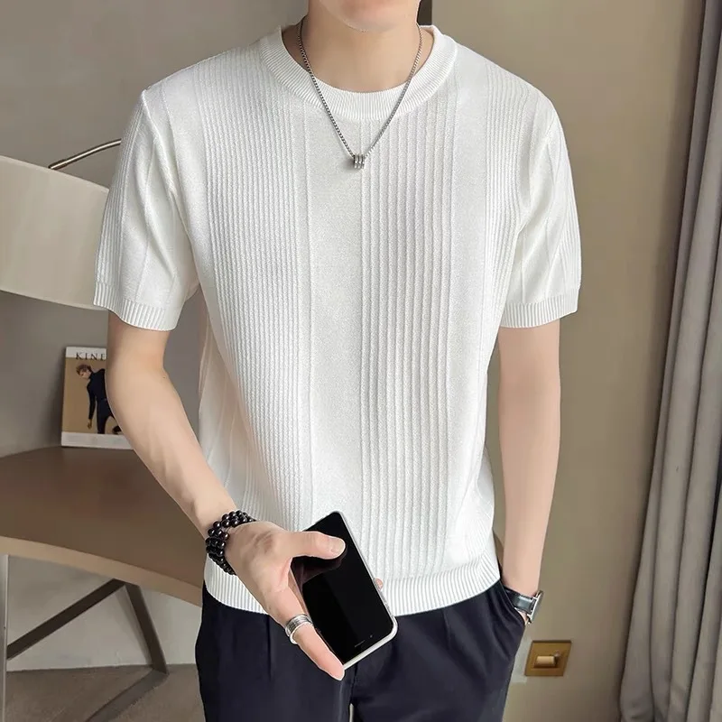 Summer New Crew Neck Short Sleeve Knitted Sweater Men's Ice Silk Slim Fit Business T-Shirt