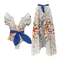 Ruffled Floral Print Colorblock One-Piece Swimsuit and Cover-up Designer Bathing Suit Summer Surf Wear