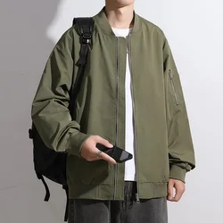 Korean Fashion Spring and Autumn Newmen's Stand Collar Solid Color Pocket Zipper Trend Versatile Loose Long Sleeve Jackets Tops