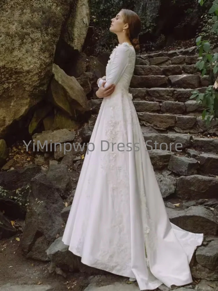 

Muslim Retro Wedding Dresses O-Neck A-line Long Sleeve Pleat Flowers Appliques Satin Bridal Gown Customized robe de mariée 2025