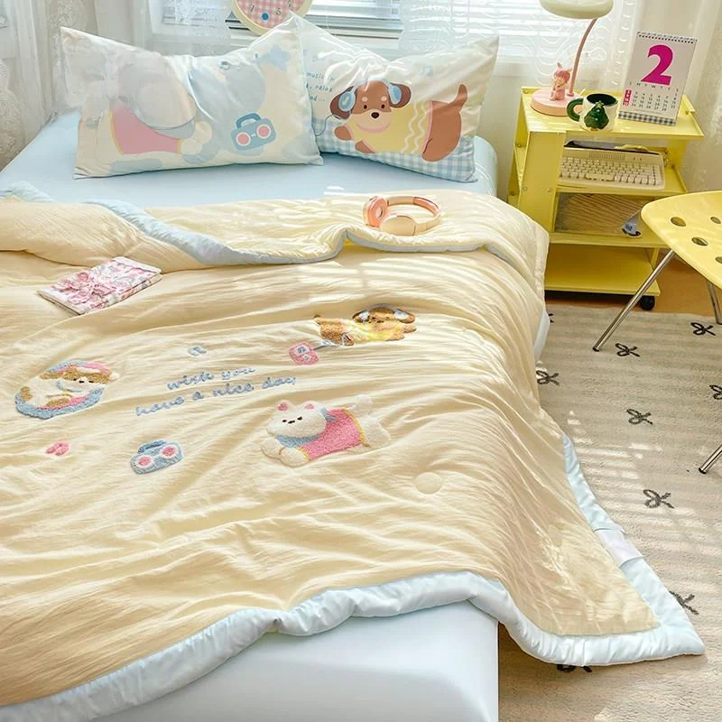 

Cute Pure Cotton Summer Quilt Set Thin Air Conditioner Quilt Hand Waable Four Piece Set Breathable Comforter Set for Summer