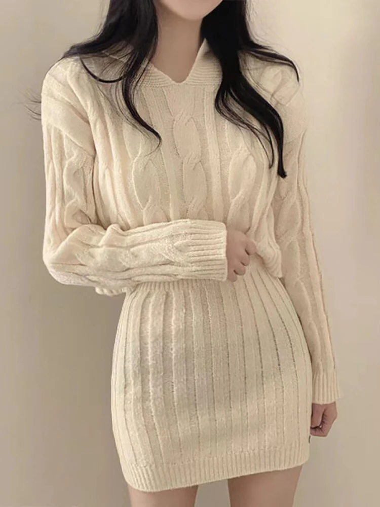 

Women Fall Solid Sweater 2 Piece Sets Chic Knit Hooded Top and Elastic Waist Bodycon Skirts Sexy Suit Office Winter Outfit Y2K