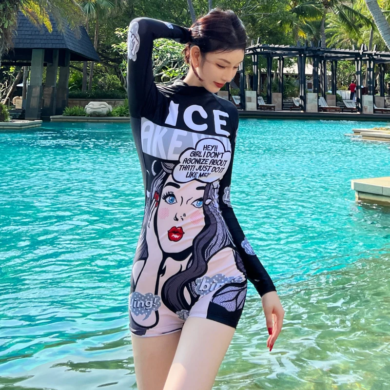 Long Sleeve Printed Swimsuit 2024 Women One Piece Surfing Swimwear Female Rashguard Boxer Diving Clothes Bathing Swimming Suit