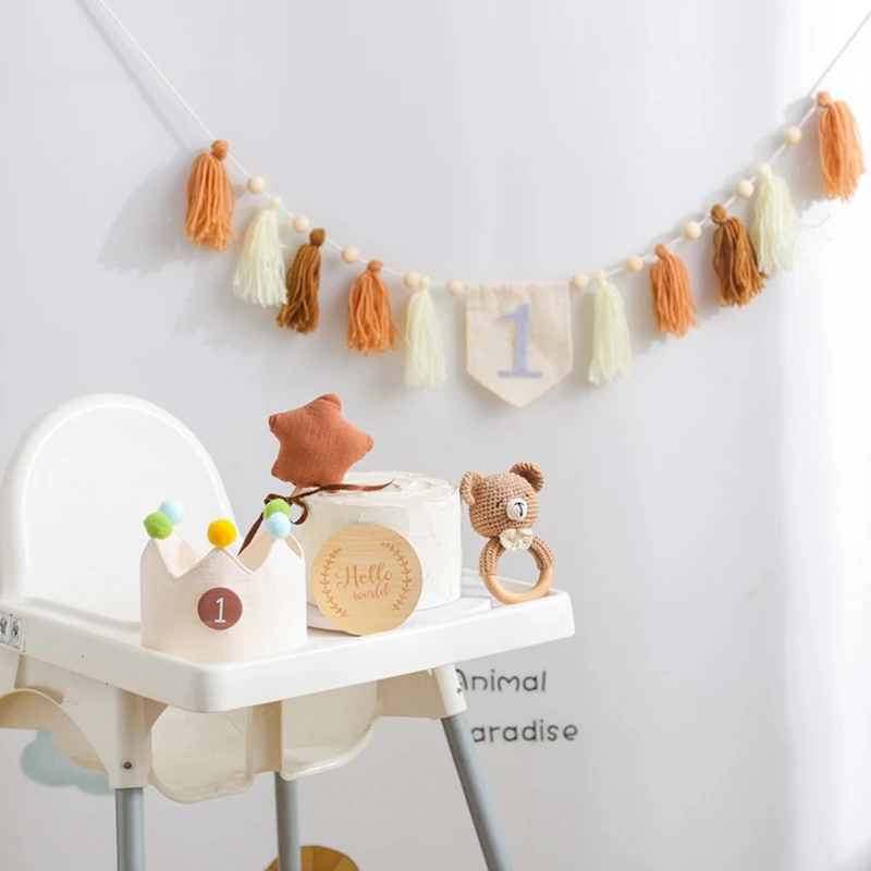 Baby Birthday Party Decoration Photography Accessories Dining Chair Tassel Banner Cake Topper Birthday Hat for Kids Birth Gift