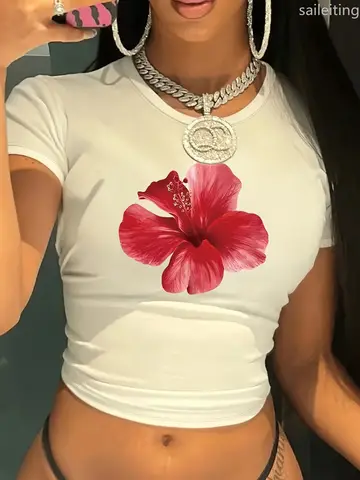 Women's Floral Print Crop Casual Round Neck Short Sleeve Summer Top with Red Hibiscus Flower Design Harajuku Short Sleeve Casual