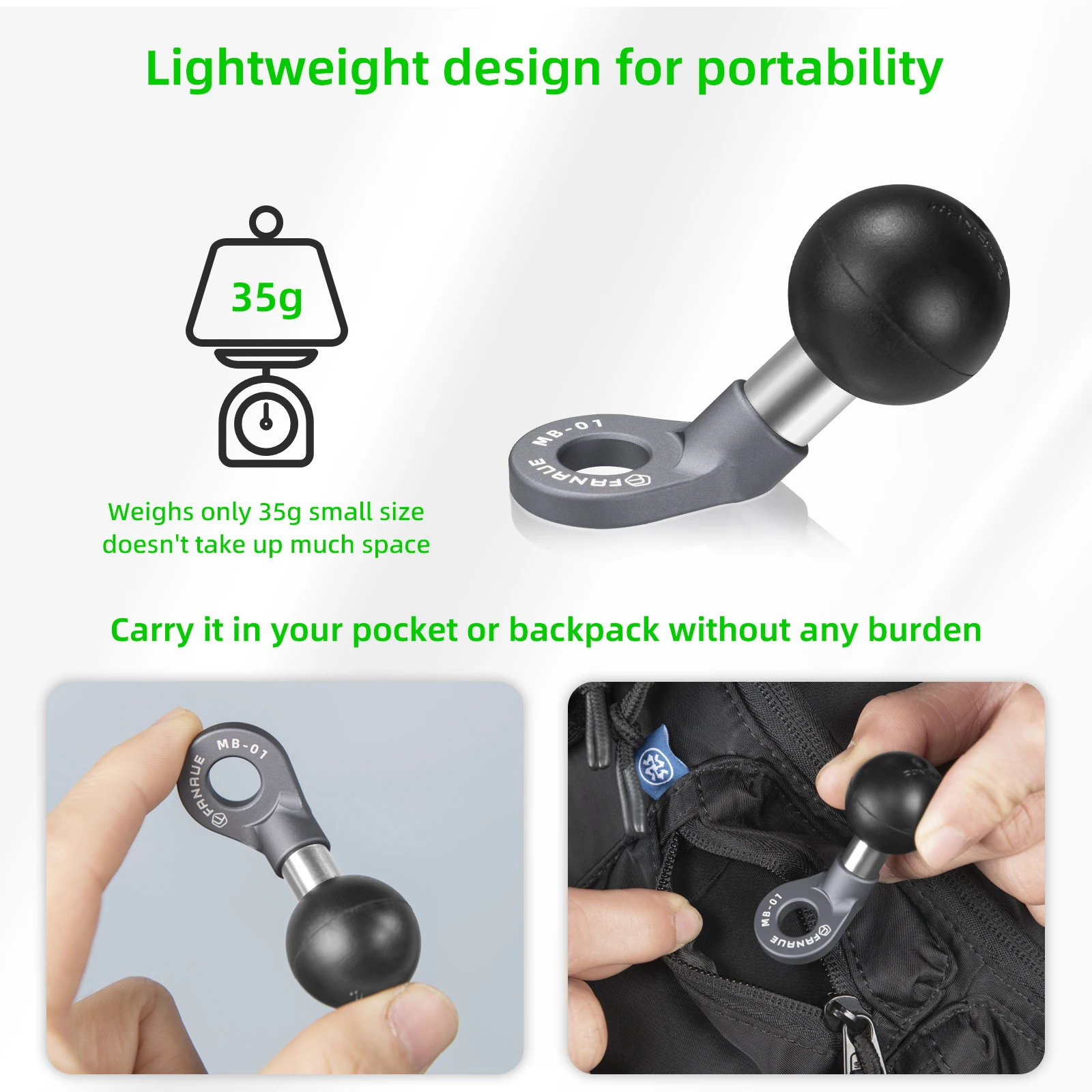 FANAUE – aluminiowa podstawa z kulką o średnicy 1 cala (17 mm), adapter kątowy, kompatybilny z uchwytami do lusterka wstecznego motocykla i roweru, przeznaczony do montażu na ramie. — zdjęcie produktu 3