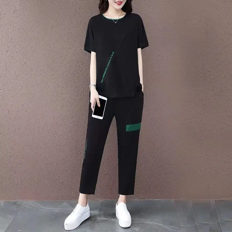 Komplet sportowy plus size dla kobiet na lato 2024, modny, luźny krój, dwuczęściowy zestaw, narzutka.