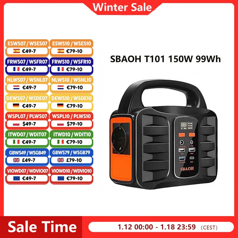 SBAOH T101 150W 99Wh Centrale elettrica 27000mah/3.7V Generatore solare portatile Batteria Carica rapida con uscita USB CA per il campeggio