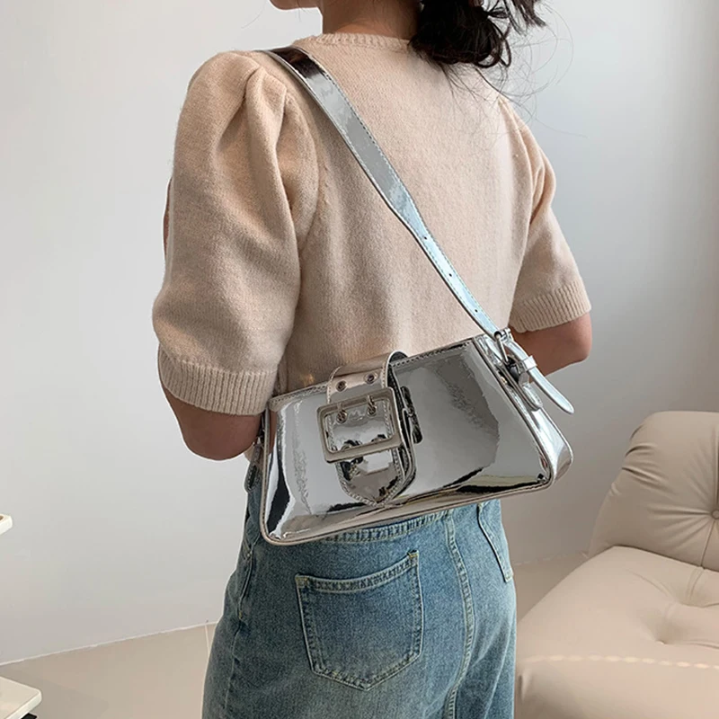 Silver Shoulder Bags for Women 2023 Spring Y2K Small Purse Glossy PU Leather Luxury Brand Female Underarm Handbags Pink