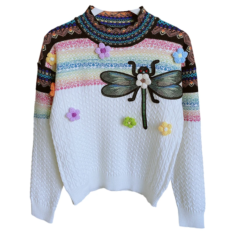 Women Spring Fall Contrast Color Twist Crocheted Sweater 3D Flowers Dragonfly Embroidered Pullovers Hooked Knitwear Crop Tops