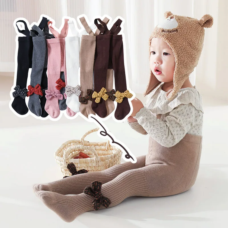 الوليد محبوك بنطال مرن 0-24 متر طفلة القطن الحمالة طماق Bowknot عالية الخصر البطن الحرس الخريف الربيع الجوارب