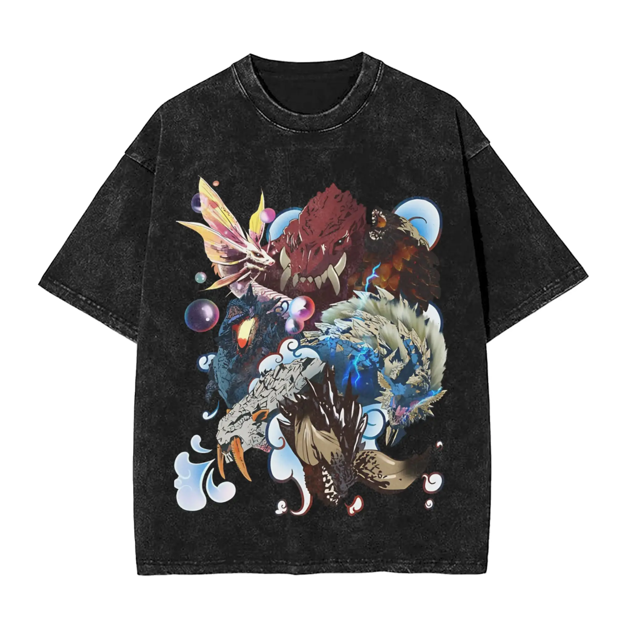 Monster Hunter collage  T Shirt Hip Hop Washed Short Sleeve Oversize T-Shirts  Novelty Men Women Streetwear Printed Tee Shirt
