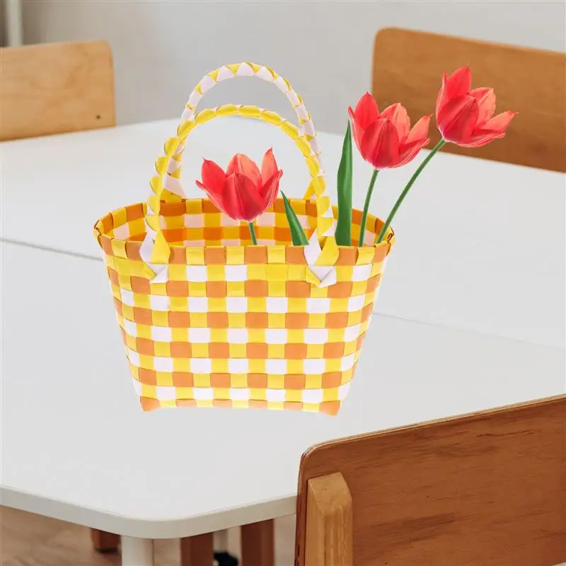 1pc PVC Woven Basket Tote Picnic Basket Fruit Storage Container Handheld Market Shopping Basket PVC Colorful Flower Basket