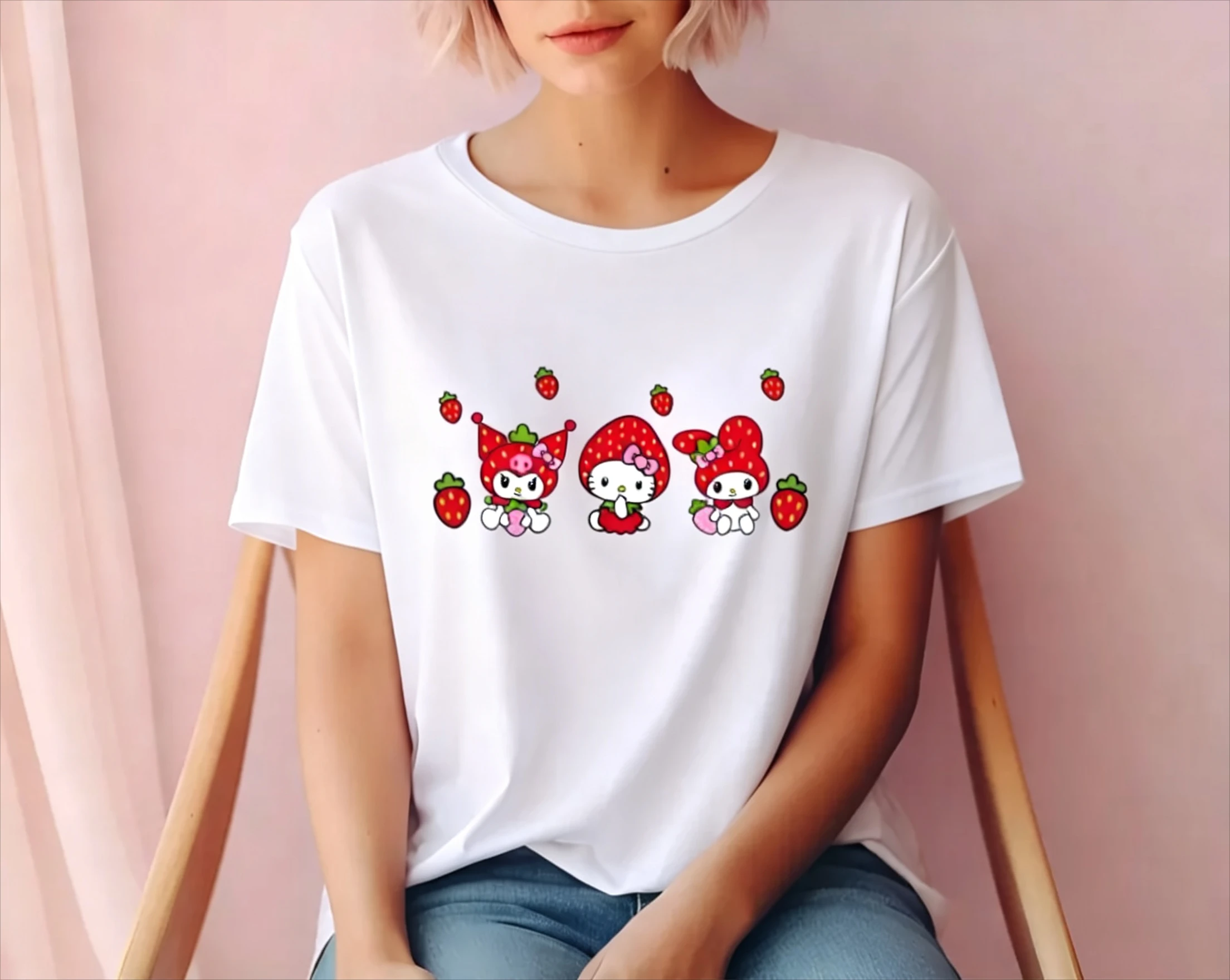 Hello Kitty My Melody Strawberry T-Shirt Pink Cute Cartoon Fruit Graphic Cotton Men Women Kids Short Sleeve Tee