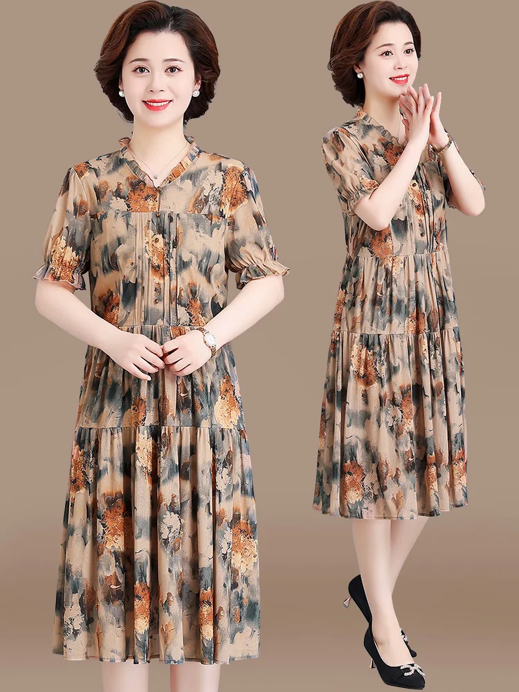 

Fashionable Mid-Length Mommy Dress Summer New Style plus Size Women's Clothing Mid-Aged And Elderly Short Sleeve Skirt