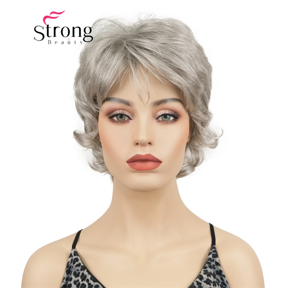 Strongbauty Short Gray Wavy Wigs For Women With Bangs - Synthetic Silver Grey Wavy Wigs For Daily Use