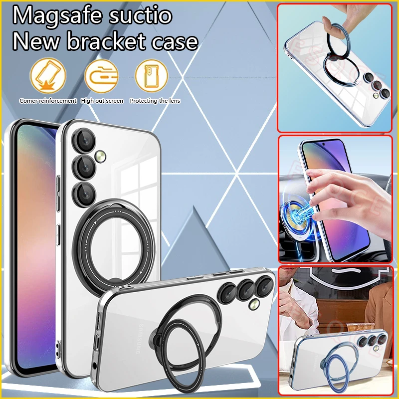 For Samsung Galaxy A14 A24 A34 A54 5G Case Plating Magnetic Ring Stand Phone Case For Samsung A54 A 14 24 34 54 Clear Back Cover