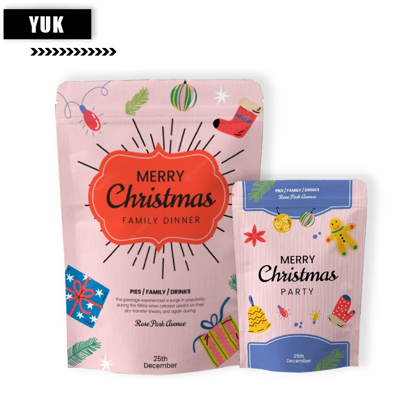 Kraft Paper Stand Up Zip Lock Packaging Bags, Merry Christmas Gifts Bags, Snack Candy Cookies Bag