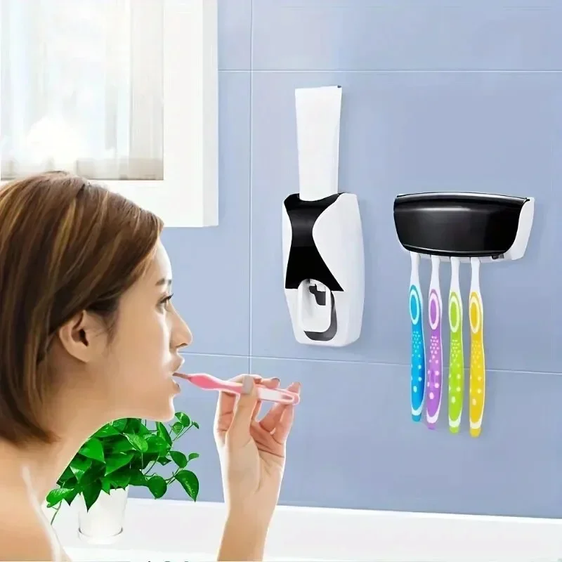 Distributeur automatique de dentifrice, porte-brosse à dents anti-poussière, support mural, ensemble d'accessoires de salle de bain, presse-fruits, 2 pièces