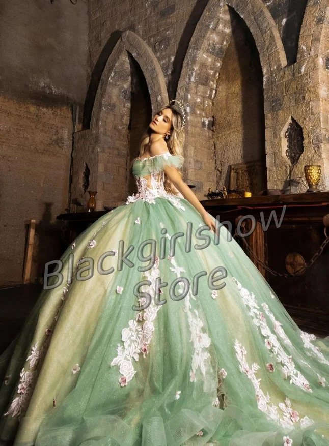 

Зеленое платье Quinceanera 2024, роскошное женское платье с масляной живописью, Тюлевое Прозрачное платье с вышивкой и вырезом на день рождения, 15