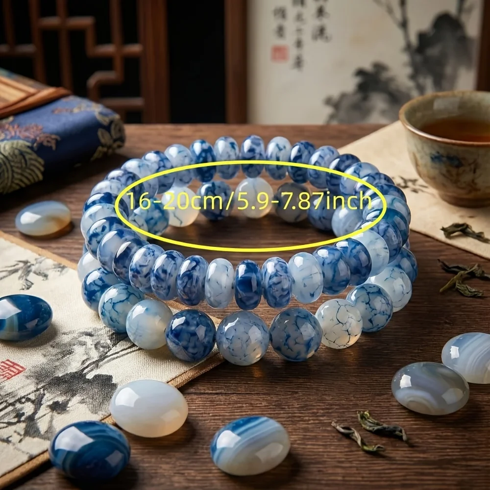 2 Pieces of New Blue-dot White Agate Oval Bead Counting Beads + Blue-dot White Agate Round Bead Bracelet with Elastic Handmade Chain. Suitable for All Occasions. The Best Gift for Your Partner on Valentine's Day, Christmas, or As A Anniversary Gift.