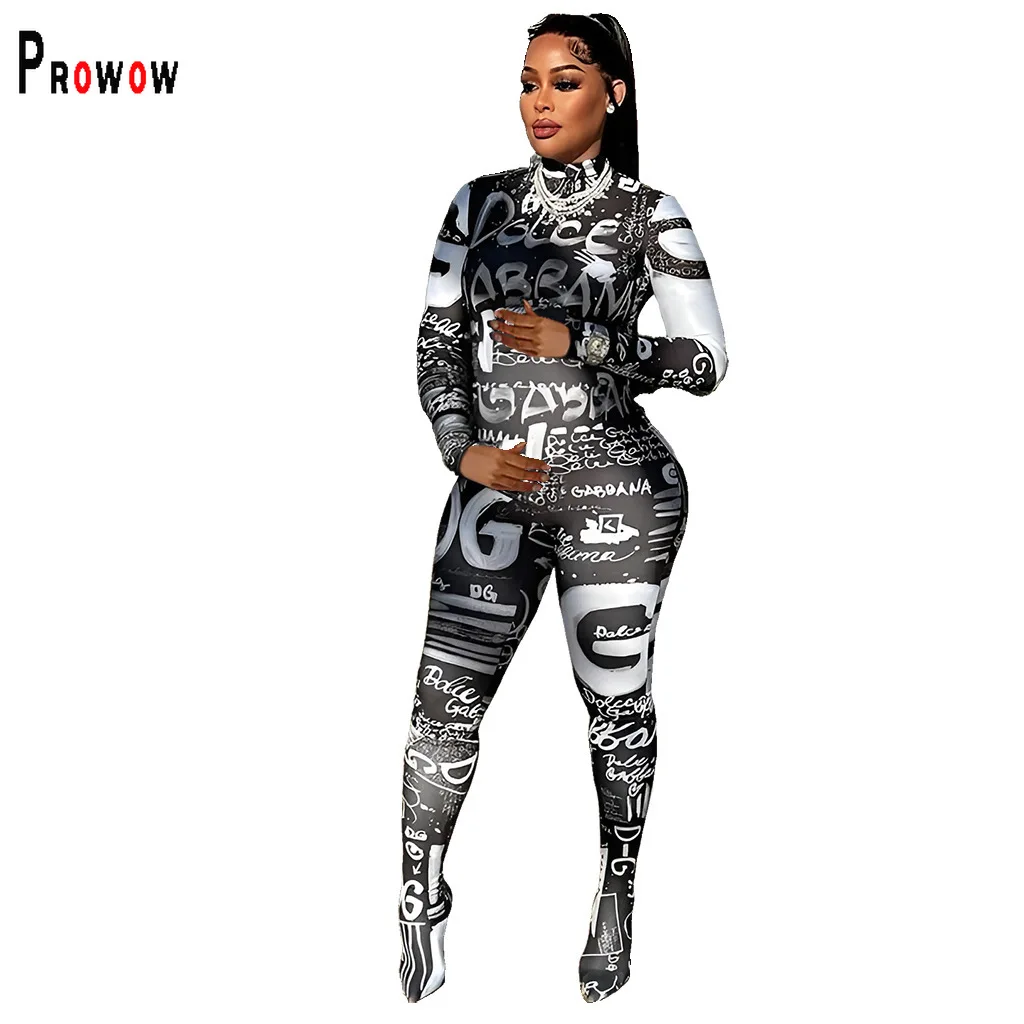 Prowow Fashion Print Women Jumpsuits One-piece Zipper Long Sleeve Bodycons Outfits Turtleneck Female Romper Clothing