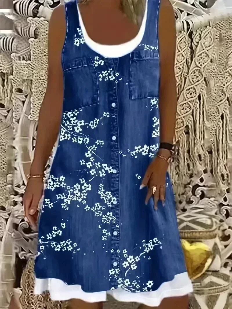 

Plus Size1XL-5XL Women Casual Dress Allover Print Dress Ladies Fashion Faux Twinset Round Neck Slight Stretch Tank Dress