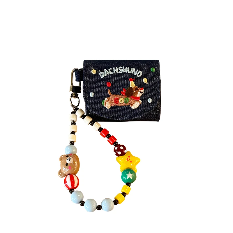 

Luxury Embroidered Denim Case for AirPods 4 3 2 Pro Cute Dachshund Flip Cover Wirel Bluetooth Earphone Protector Bag with Chain