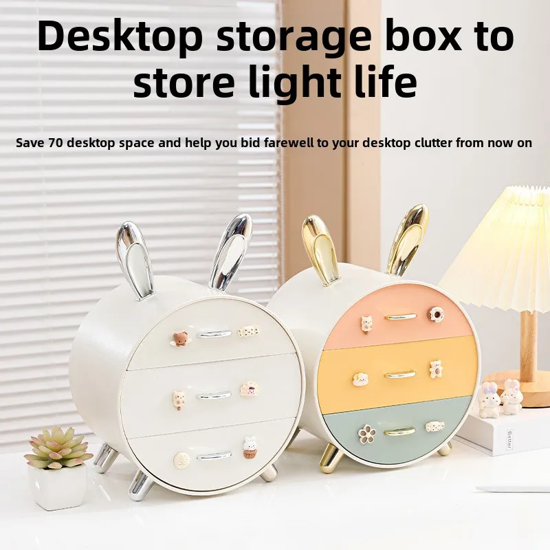 Kawaii Desktop Stationery Storage Box Dormitory Cosmetics Storage Box Multi Layer Boxs with 3D Stickers Cartoon Bunny Design