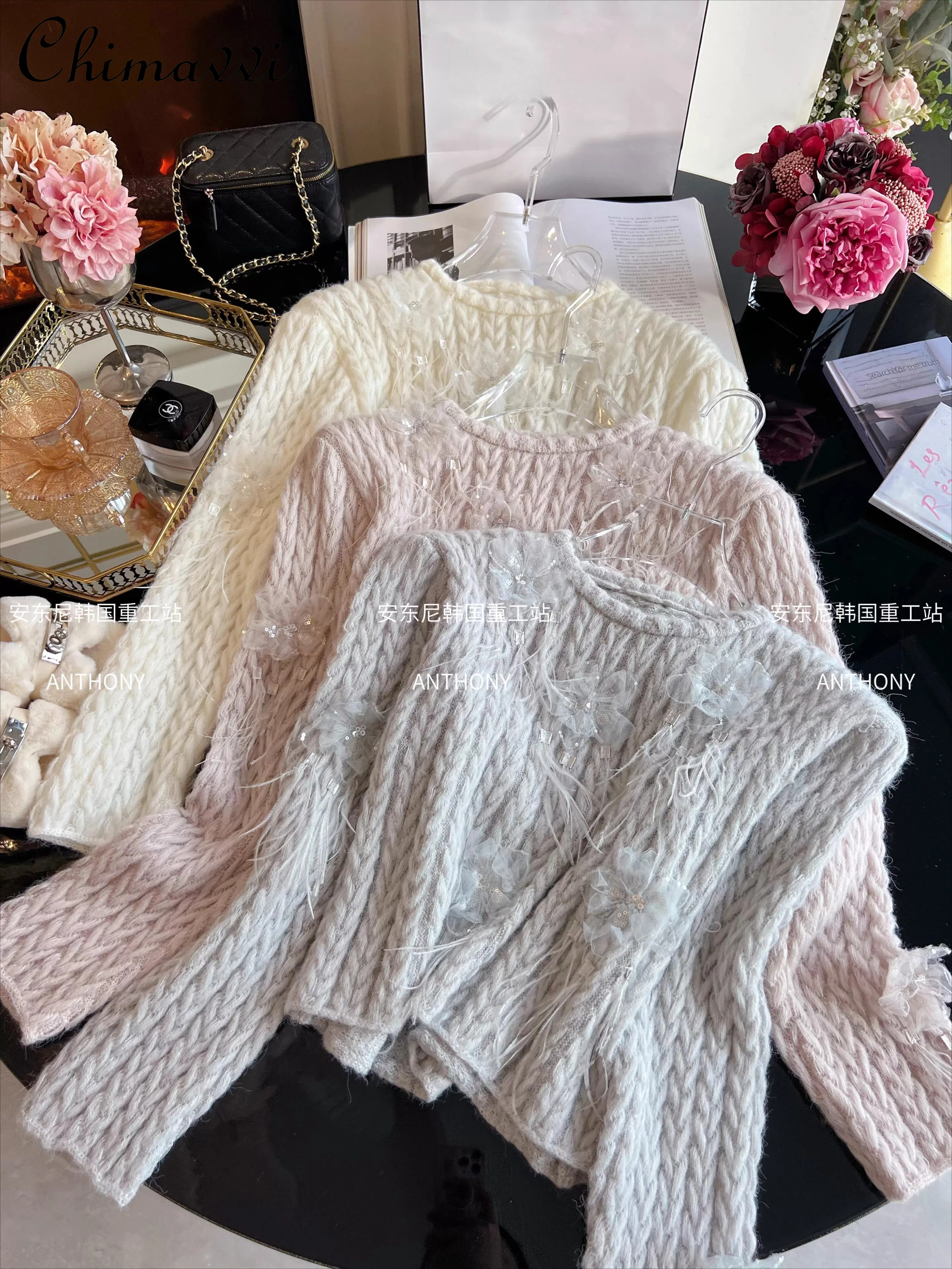 

2025 Autumn Winter New Sweet Girl Handmade Beaded Sweater Fashion Round Neck Long Sleeve Elegant Soft Long Sleeve Knitted Top