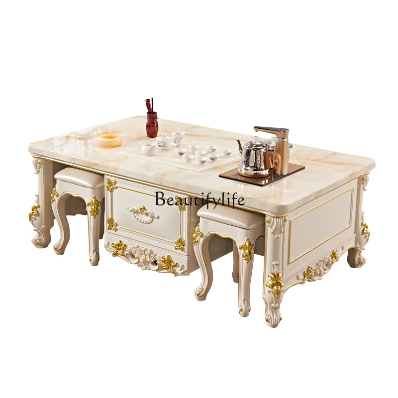 

European style living room marble rectangular office coffee table white kung fu tea table solid wood