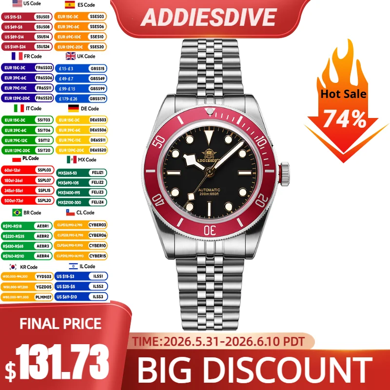 

ADDIESDIVE AD2043 39mm Men Automatic Watch Black/White Dial 20Bar Dive NH35A Movement Sapphire Super Luminous Mechanical Watches